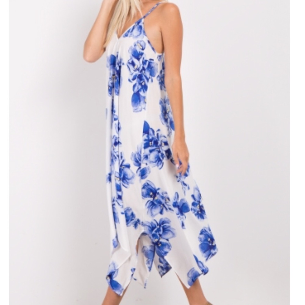 Women’s blue floral asymmetric dress